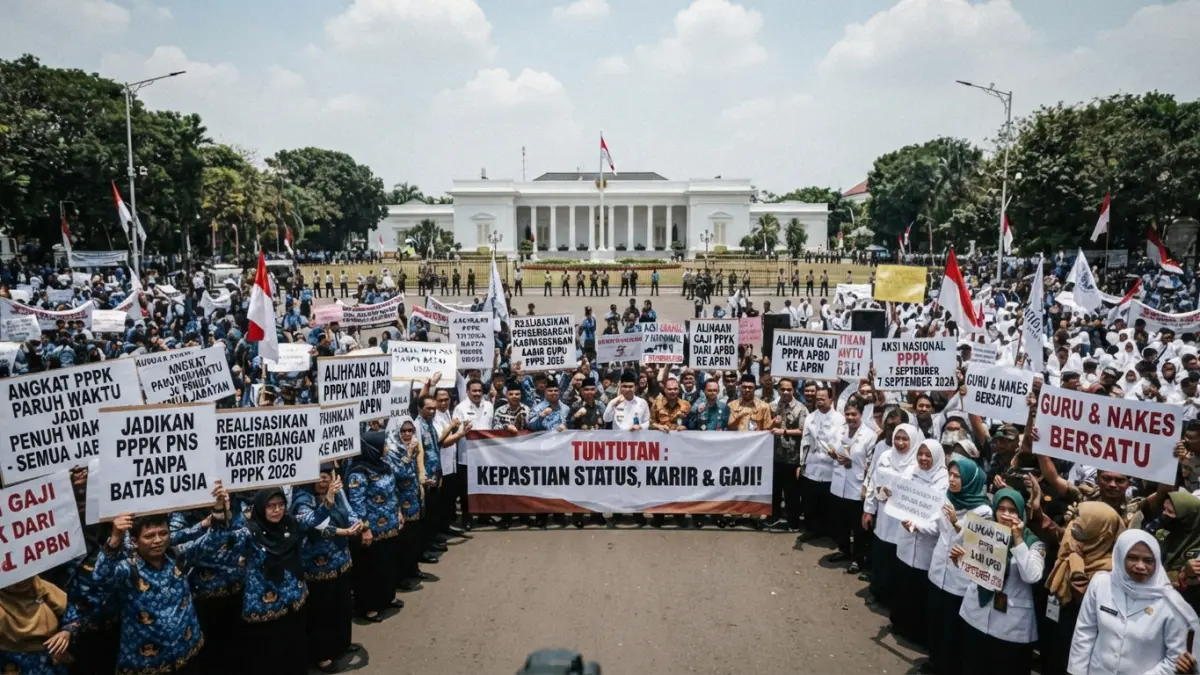 Aksi PPPK 7 September 2026 direncanakan diikuti 35.000 massa. Empat tuntutan dibawa ke Istana, termasuk status, karier, dan sumber gaji. (Gemini AI)