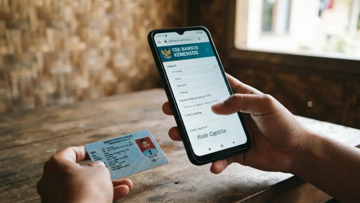 Cara cek penerima bansos bisa dilakukan lewat HP menggunakan data KTP. Simak langkah mengisi wilayah, nama, kode, hingga melihat hasilnya. (Gemini AI)