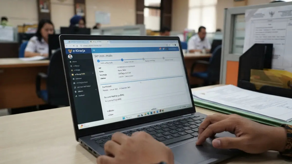 Cara membuat SKP 2025 di e-Kinerja mulai dari cek profil, membuat periode tahunan, mengisi RHK, indikator, hingga mengajukan SKP. (Gemini AI)