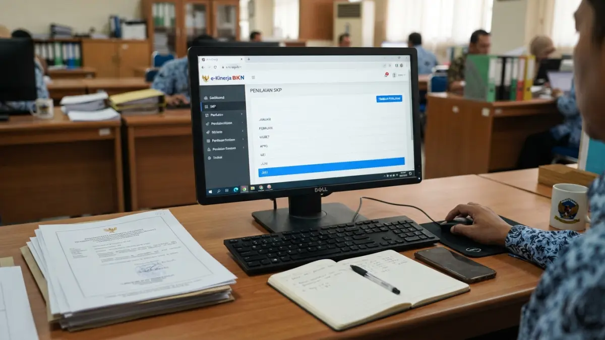 Cara membuat SKP bulanan di e-Kinerja dilakukan lewat menu penilaian dengan menambahkan periode bulan yang belum tersedia. (Gemini AI)