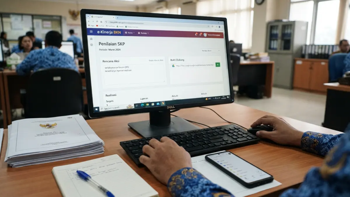Cara mengisi SKP bulanan di e-Kinerja 2024 mulai dari rencana aksi, bukti dukung, realisasi hingga menunggu penilaian atasan. (Gemini AI)