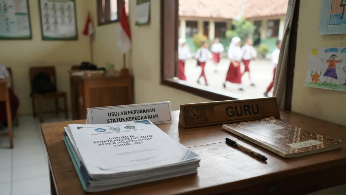 Guru PPPK jadi PNS 2027 mendapat peluang lewat seleksi CPNS. PPPK paruh waktu juga disiapkan naik menjadi penuh waktu mulai Januari 2027. (Gemini AI)
