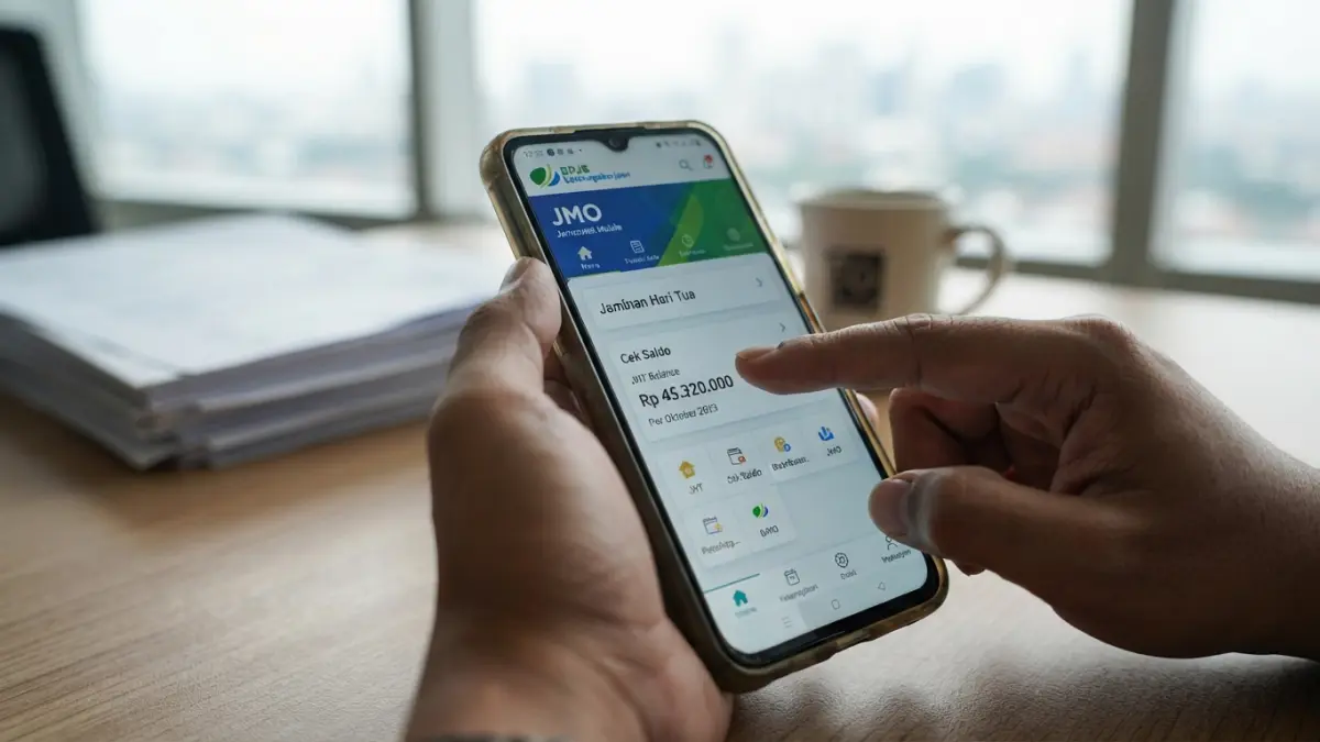 Cara cek saldo BPJS Ketenagakerjaan lewat JMO bisa dilakukan dengan login, masuk menu Jaminan Hari Tua, lalu pilih cek saldo. (Gemini AI)