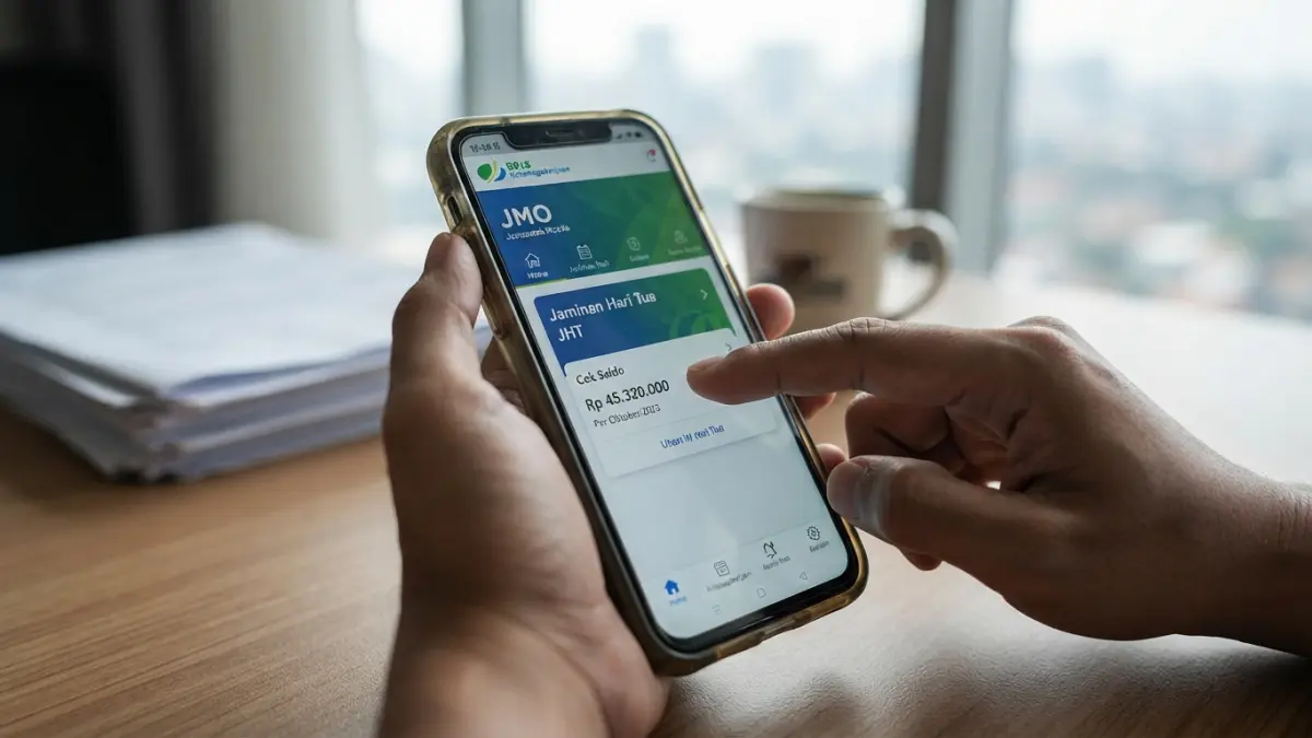 Cara cek saldo JHT BPJS Ketenagakerjaan lewat aplikasi JMO cukup dengan login, pilih Jaminan Hari Tua, lalu cek saldo. (Gemini AI)