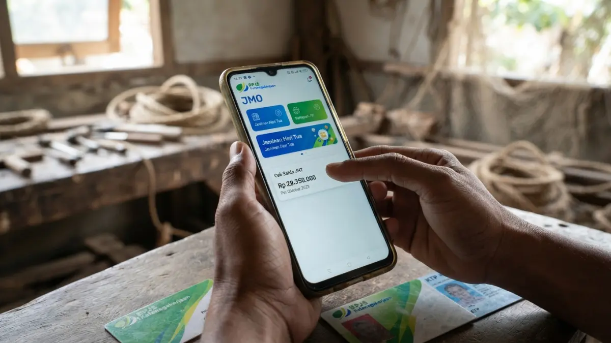 Cara cek saldo JHT BPU di JMO bisa dilakukan peserta BPU setelah membuat akun, verifikasi data, lalu memilih menu Jaminan Hari Tua. (Gemini AI)