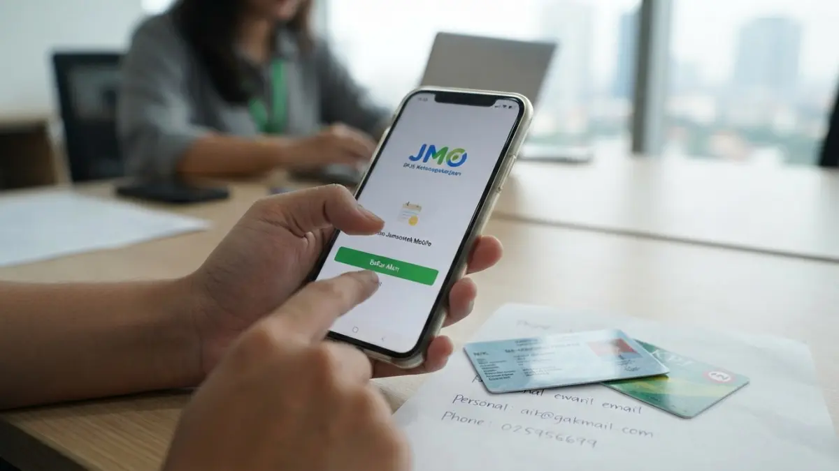 Cara daftar aplikasi JMO BPJS Ketenagakerjaan dijelaskan mulai dari mengisi data diri, verifikasi email dan nomor HP hingga membuat kata sandi. (Gemini AI)