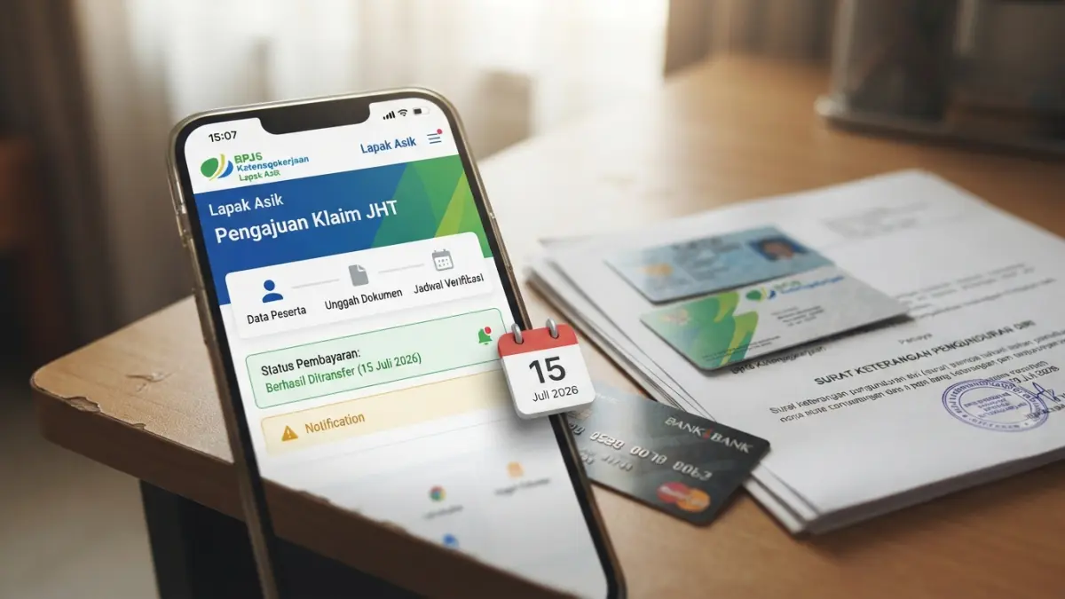 Cara klaim JHT BPJS Ketenagakerjaan online tanpa ke kantor. Simak tahapan pengajuan melalui Lapak Asik hingga proses verifikasi dan pencairan. (Gemini AI)