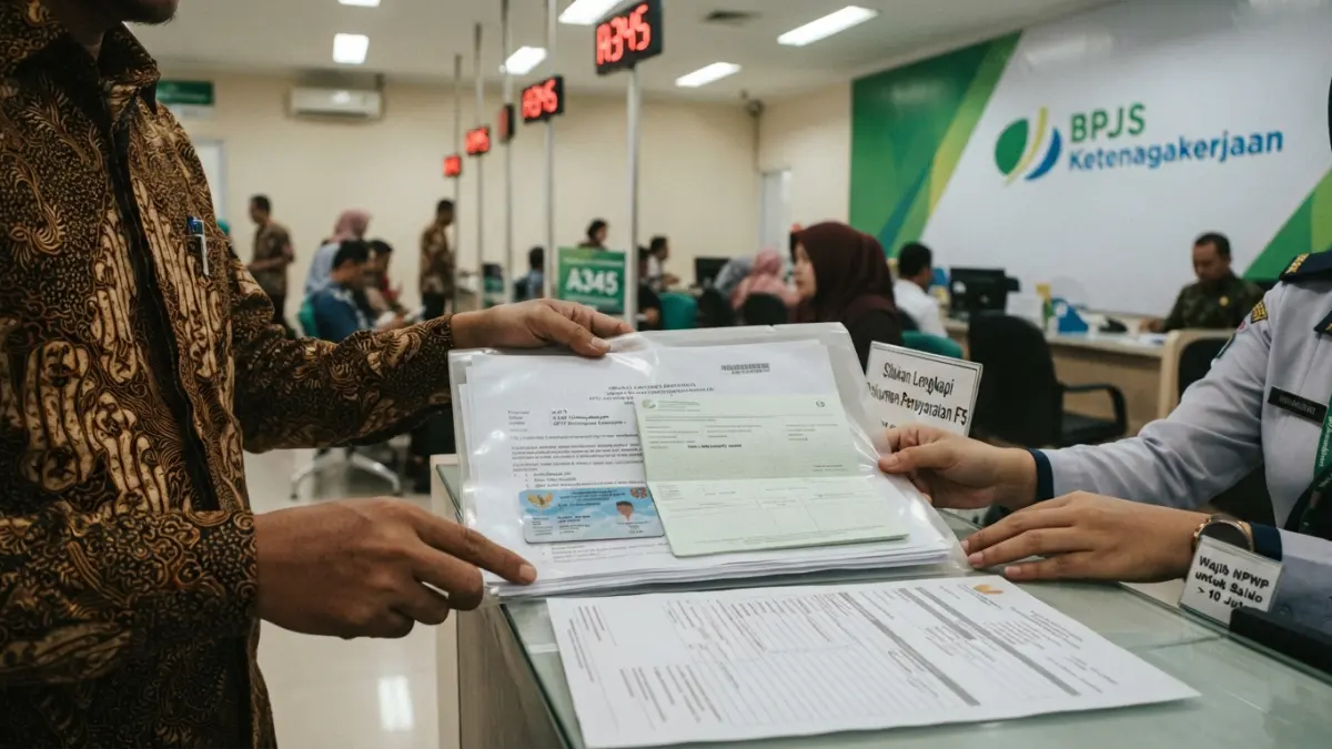 Cara klaim JHT di kantor BPJS Ketenagakerjaan membutuhkan KTP, KPJ, paklaring, KK, rekening, dan dokumen lainnya. Simak alurnya. (Gemini AI)