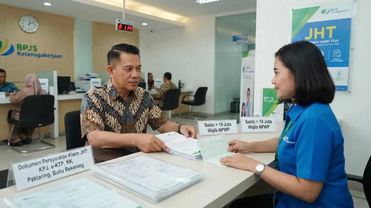 Cara mencairkan JHT di kantor cabang bisa dilakukan dengan membawa KPJ, e-KTP, KK, paklaring, buku rekening dan dokumen tambahan. (Gemini AI)
