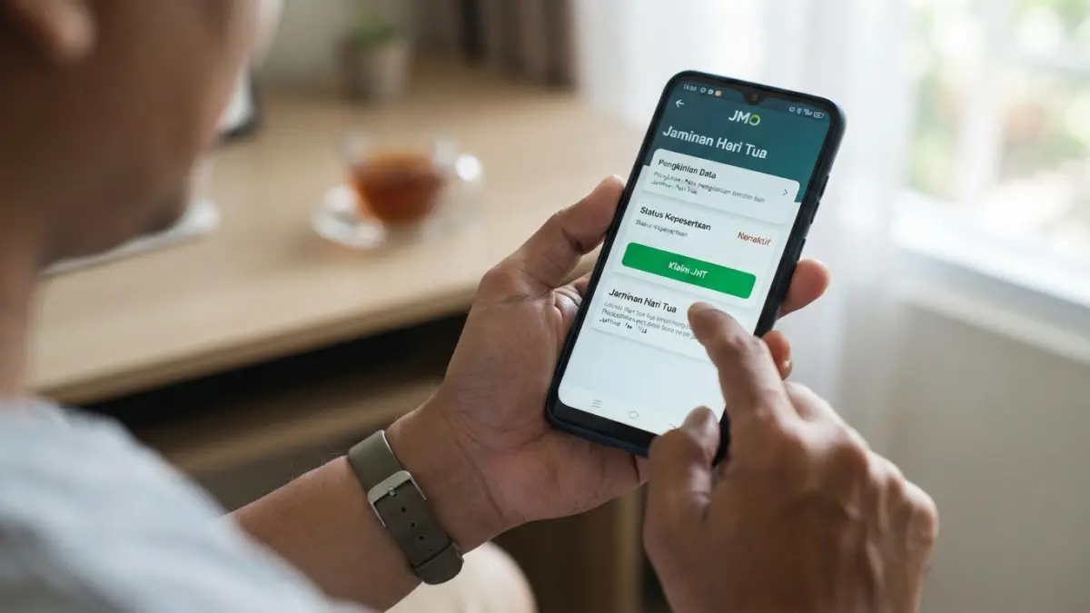 Cara mencairkan JHT lewat JMO bisa dilakukan online. Simak syarat, pengkinian data, verifikasi wajah, hingga pengisian rekening untuk klaim. (Gemini AI)