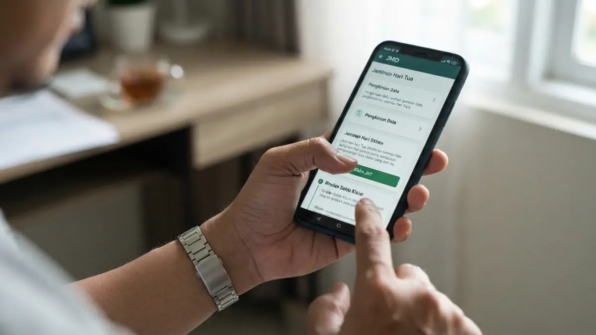 Cara mencairkan JHT lewat JMO dilakukan dengan pengkinian data, status nonaktif, saldo maksimal Rp15 juta, dan sejumlah tahapan klaim. (Gemini AI)