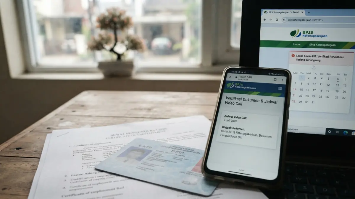 Cara mencairkan JHT lewat Lapak Asik bisa dilakukan online tanpa ke kantor, mulai dari pengajuan, unggah dokumen, video call hingga pembayaran. (Gemini AI)