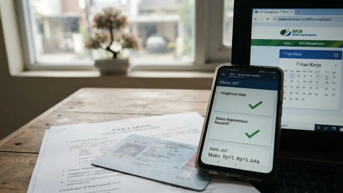 Cara mencairkan JHT online via JMO dilakukan dengan pengkinian data, verifikasi, pengajuan klaim, dan menunggu pencairan hingga 7 hari kerja. (Gemini AI)