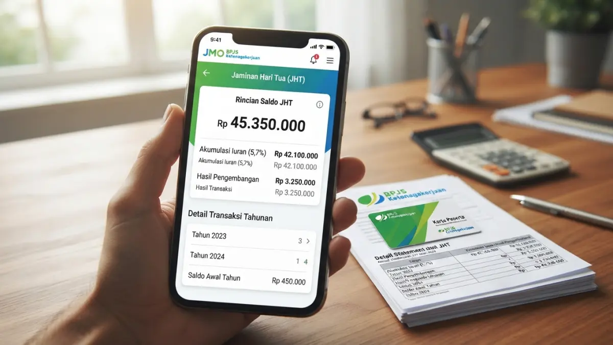 Cara menghitung saldo JHT BPJS Ketenagakerjaan bukan cuma 5,7 persen. Simak komponen iuran, hasil pengembangan, dan cara cek saldo di JMO. (Gemini AI)