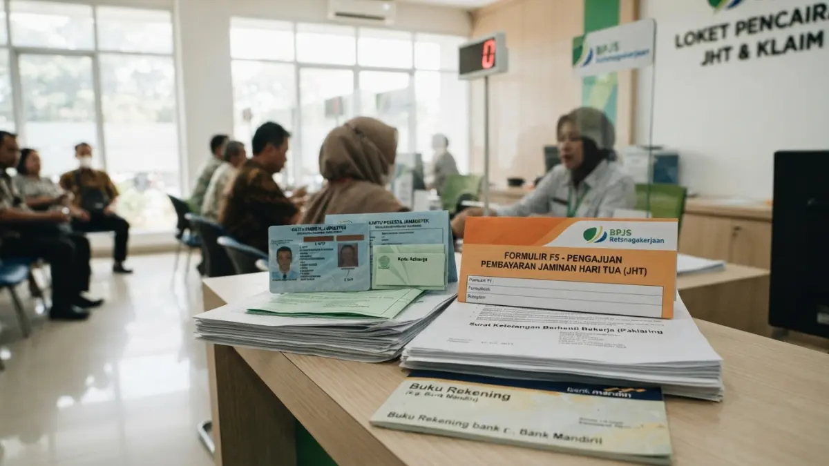 Cara pencairan JHT di kantor BPJS Ketenagakerjaan dilakukan dengan membawa dokumen lengkap, verifikasi, wawancara, hingga menunggu pencairan. (Gemini AI)