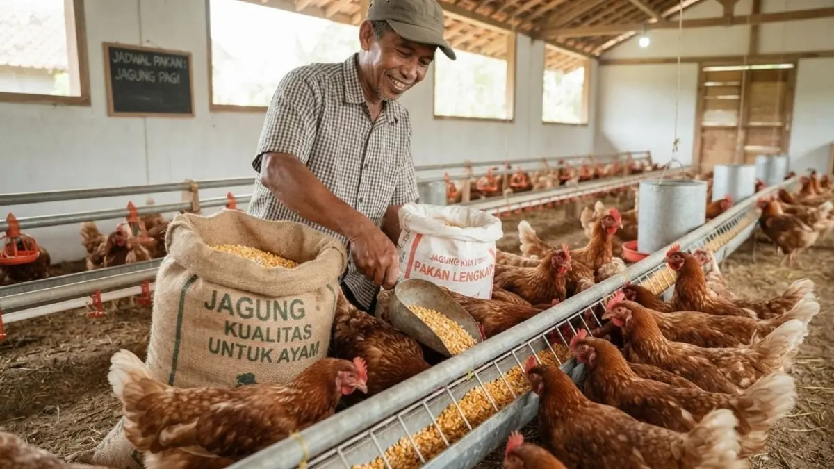 Harga jagung memengaruhi biaya pakan dan keuntungan peternak ayam. Simak alasan harga jagung penting bagi keberlangsungan usaha.(ILUSTRASI AI)