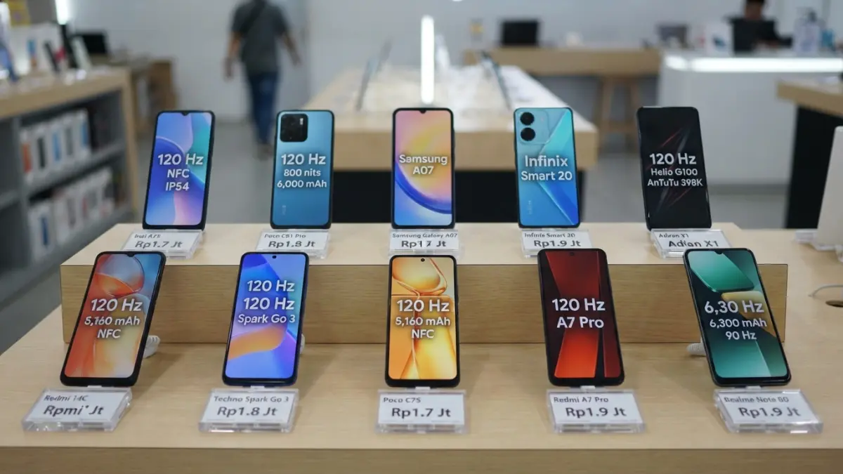 HP 1 jutaan terbaik 2026 menawarkan layar 120 Hz, baterai hingga 6.300 mAh, RAM besar, NFC, dan chipset untuk kebutuhan harian. (Gemini AI)