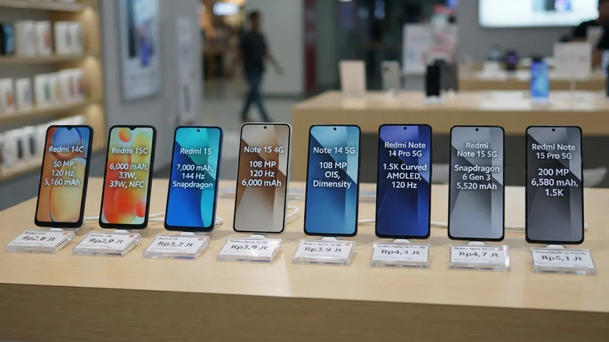 HP Redmi RAM 8 GB 256 GB hadir mulai Rp2,8 jutaan. Simak delapan pilihan dengan layar 120 Hz, baterai besar, hingga kamera 200 MP. (Gemini AI)
