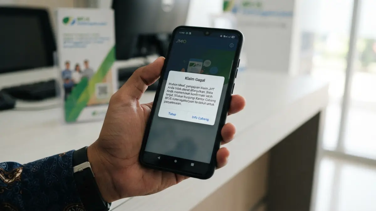 Klaim JHT di JMO gagal karena data harus dikonfirmasi? Simak penyebab dan dua solusi yang bisa dilakukan peserta. (Gemini AI)