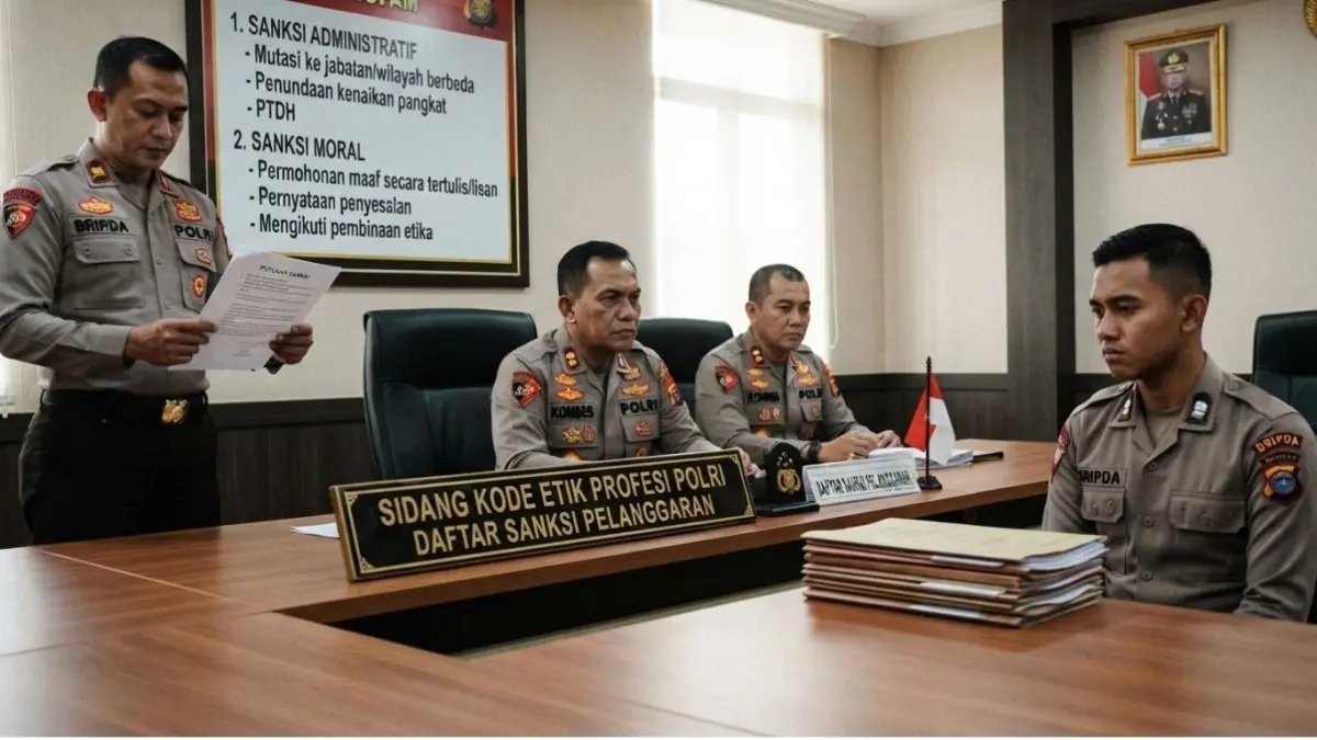 Mengenal sanksi kode etik Polri, mulai perbuatan tercela, permintaan maaf, pembinaan, patsus hingga mutasi demosi.(ILUSTRASI AI)