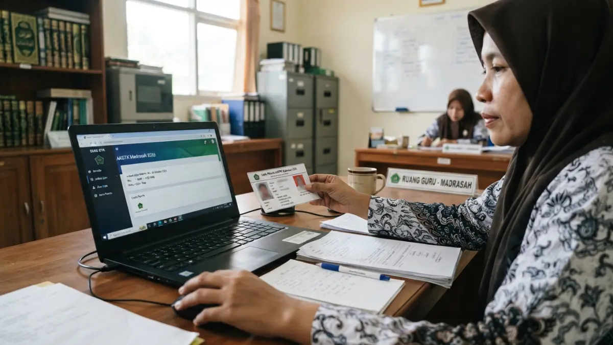 AKGTK Madrasah 2026 dijadwalkan 5-9 Oktober. Cek username, password, jadwal ujian, uji coba SEB, dan kartu peserta melalui EMIS GTK. (Gemini AI)