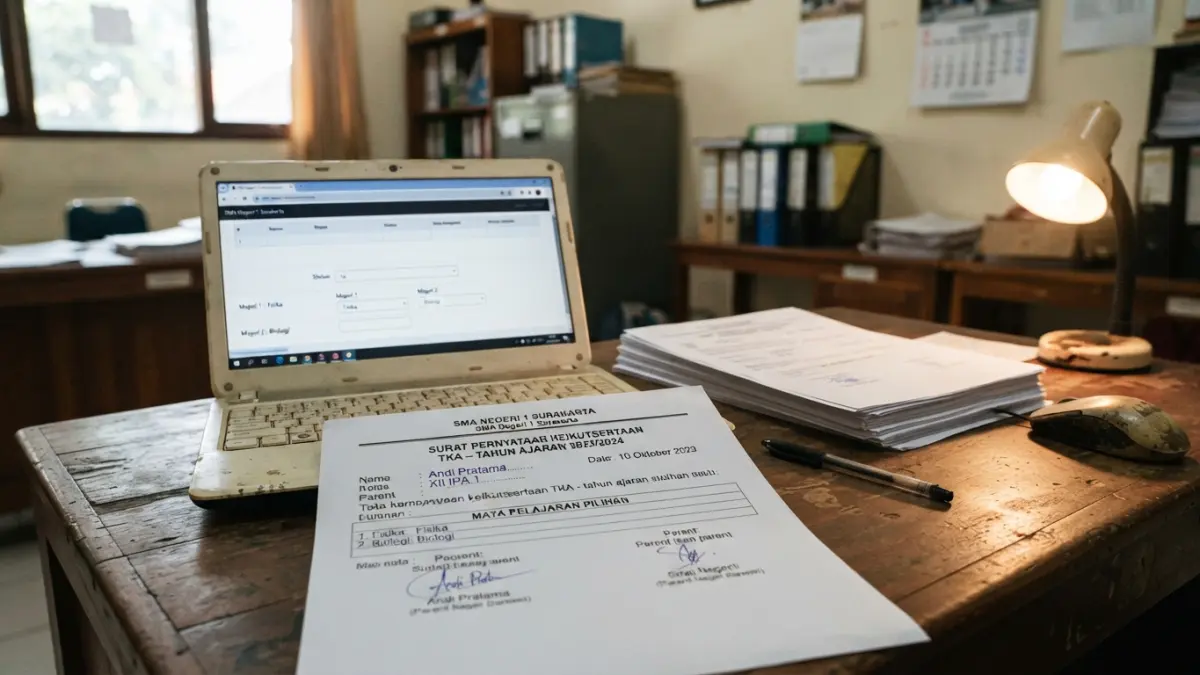 Pendaftaran TKA SMA/SMK dimulai dari surat pernyataan, pilihan dua mata pelajaran, input data hingga pengecekan biodata peserta. (Gemini AI)