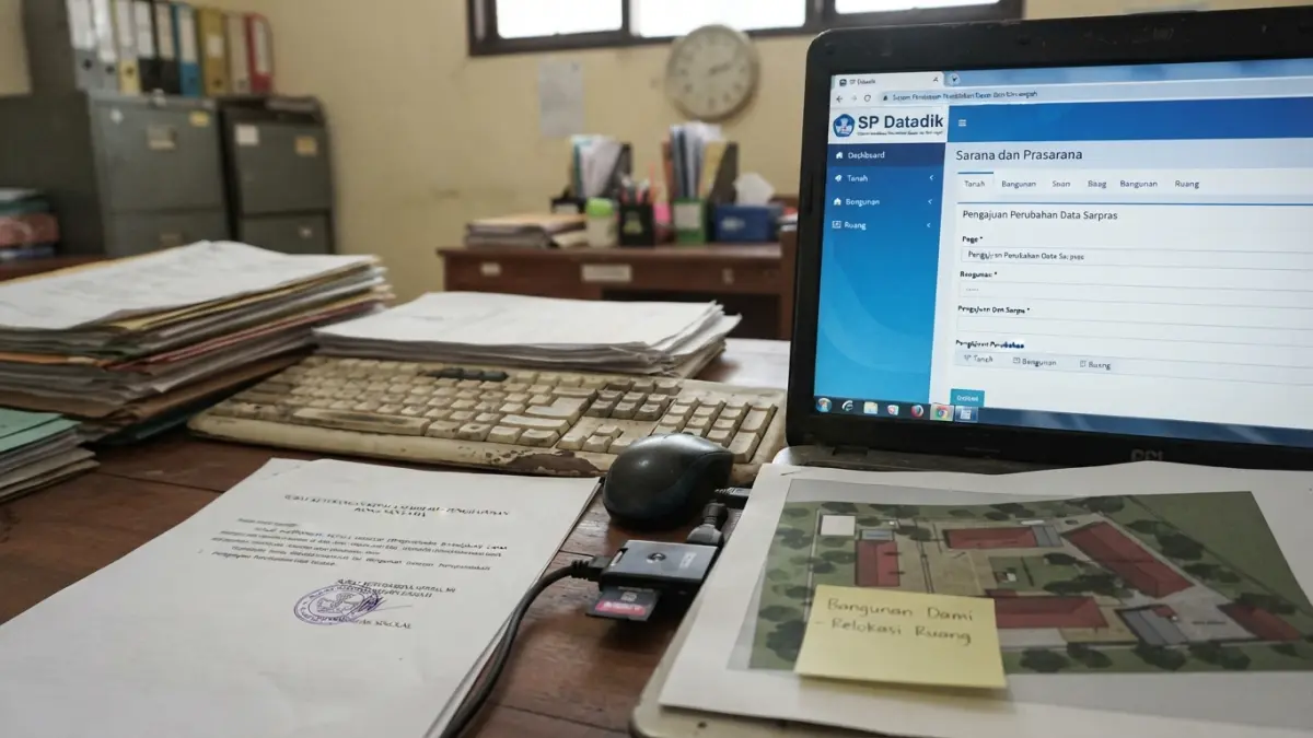 Perubahan Sarpras Dapodik dilakukan melalui SP Datadik. Simak dokumen, alur pengajuan, hingga aturan penghapusan ruang dan bangunan. (Gemini AI)