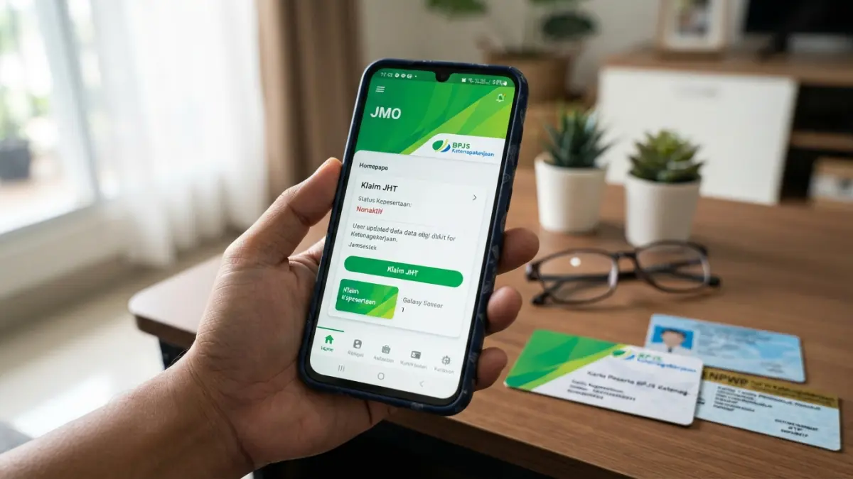Cara mencairkan saldo JHT tanpa paklaring melalui JMO. Simak syarat, pengkinian data, status nonaktif, verifikasi biometrik hingga pencairan. (Gemini AI)