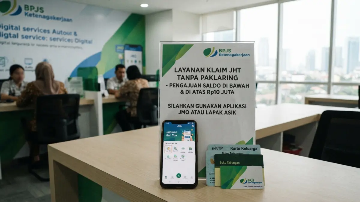 Pencairan JHT tanpa paklaring disebut bisa dilakukan pekerja resign atau PHK. Simak syarat dokumen, jalur klaim, dan waktu pencairannya. (Gemini AI)