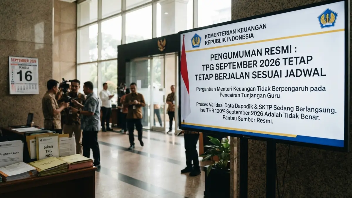 TPG September 2026 tetap menjadi perhatian guru setelah pergantian Menteri Keuangan. Simak kabar pencairan TPG Juli-Agustus dan isu THR 100 persen. (Gemini AI)