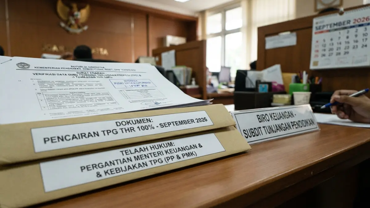 TPG THR 100 persen September 2026 masih ditunggu guru. Pergantian Menkeu disebut tidak mengubah dasar hukum, tetapi realisasi masih dinantikan. (Gemini AI)