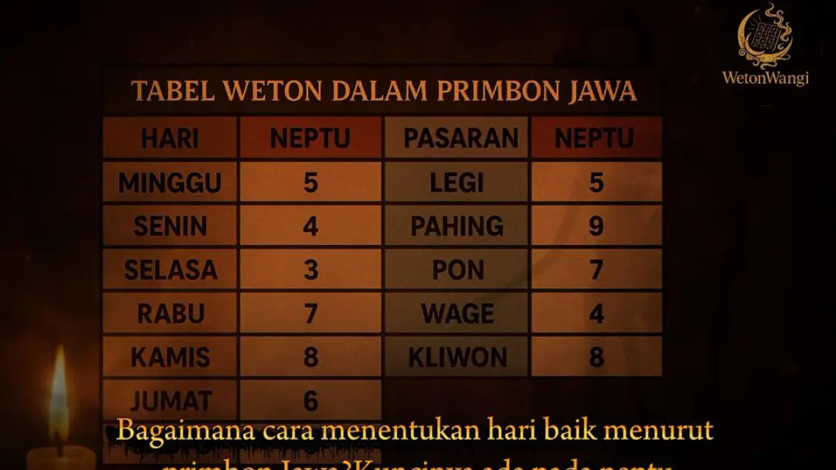 Hari baik berdasarkan weton dihitung melalui neptu hari dan pasaran. Kenali lima kategori Sri, Lungguh, Dunya, Lara, dan Pati.