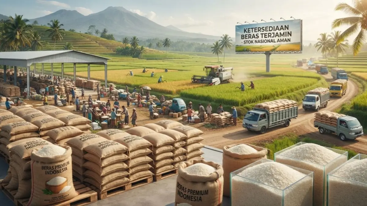 Stok beras Tulungagung diperkirakan cukup 10 bulan. Simak cara menghitung ketersediaan pangan dari produksi, surplus, dan kebutuhan.(ILUSTRASI AI)