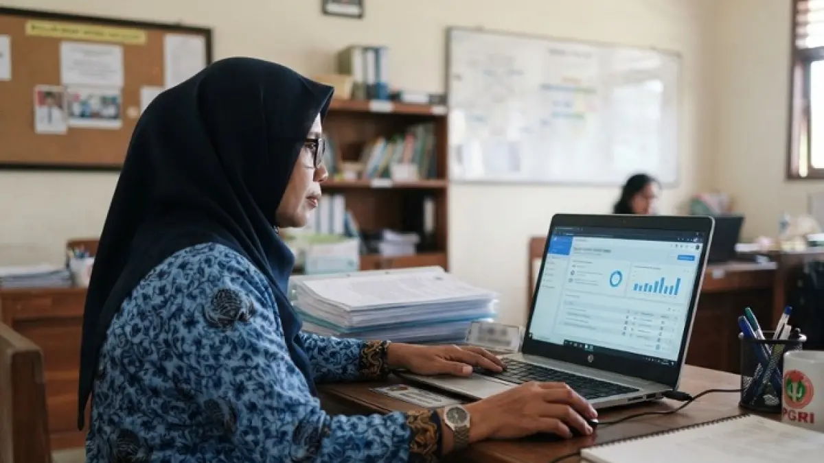 SKTP September 2026 mulai terbit bertahap. Guru diminta cek Info GTK, validasi 11 item, dan memastikan data Dapodik sesuai. (Ilustrasi Gemini AI)