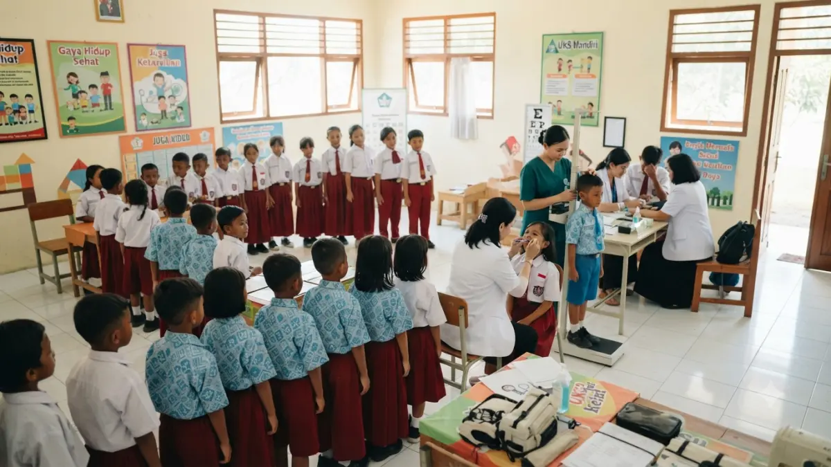 Skrining kesehatan anak sekolah dapat menemukan masalah gizi, mata, telinga, gigi, kebugaran hingga kesehatan jiwa sejak dini.(ILUSTRASI AI)