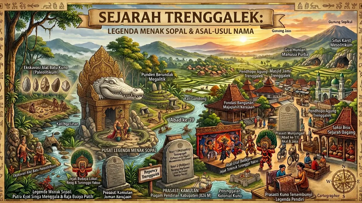 Asal Usul Trenggalek dikisahkan lewat legenda Menak Sopal, gajah putih, Bendungan Bagong, dan keikhlasan Mbok Rondo.(ILUSTRASI AI)
