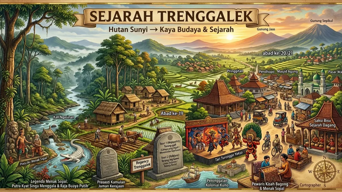 Sejarah Trenggalek menyimpan kisah Menak Sopal, Bagong, hingga misteri asal-usul nama yang berpadu antara sejarah dan legenda.(ILUSTRASI AI)