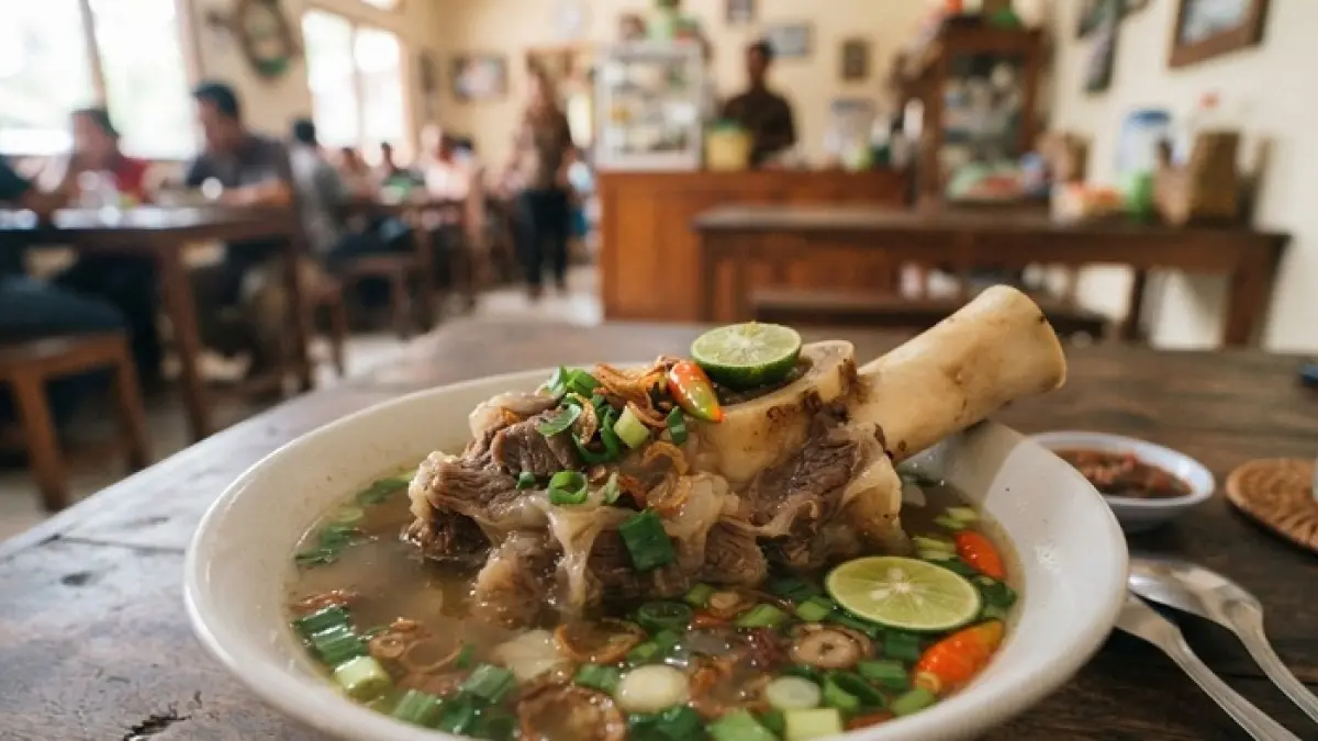 Sop kaledo khas Palu menawarkan kuah asam pedas dan kaki sapi empuk, kuliner wajib saat jelajah Sulawesi. (Ilustrasi Gemini AI)