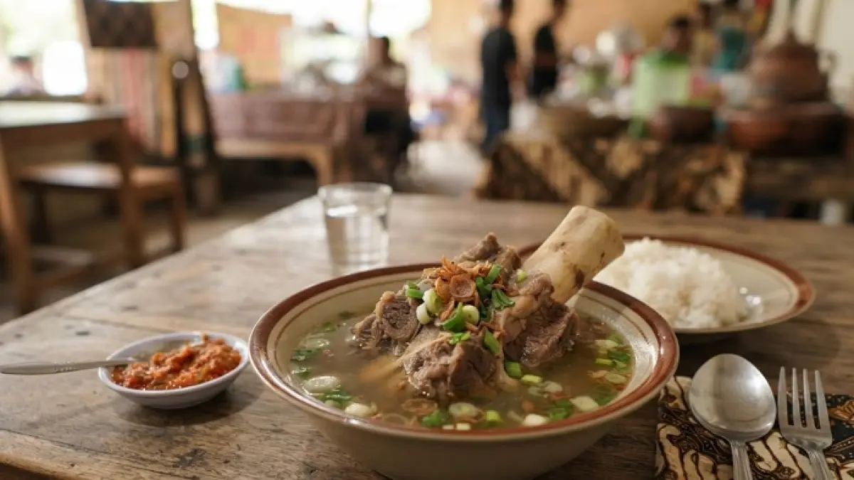 Sup Kaledo khas Palu dibuat dari kaki sapi dan dimasak hingga 3 jam. Kenali cita rasa kuliner Sulawesi Tengah. (Ilustrasi Gemini AI)