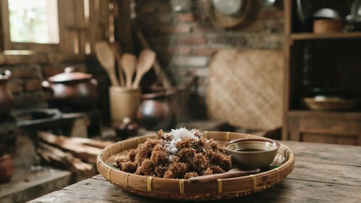 Tiwul Gunung Kidul punya proses pembuatan unik dari tepung ketela hingga dikukus dengan bambu. (Ilustrasi Gemini AI)