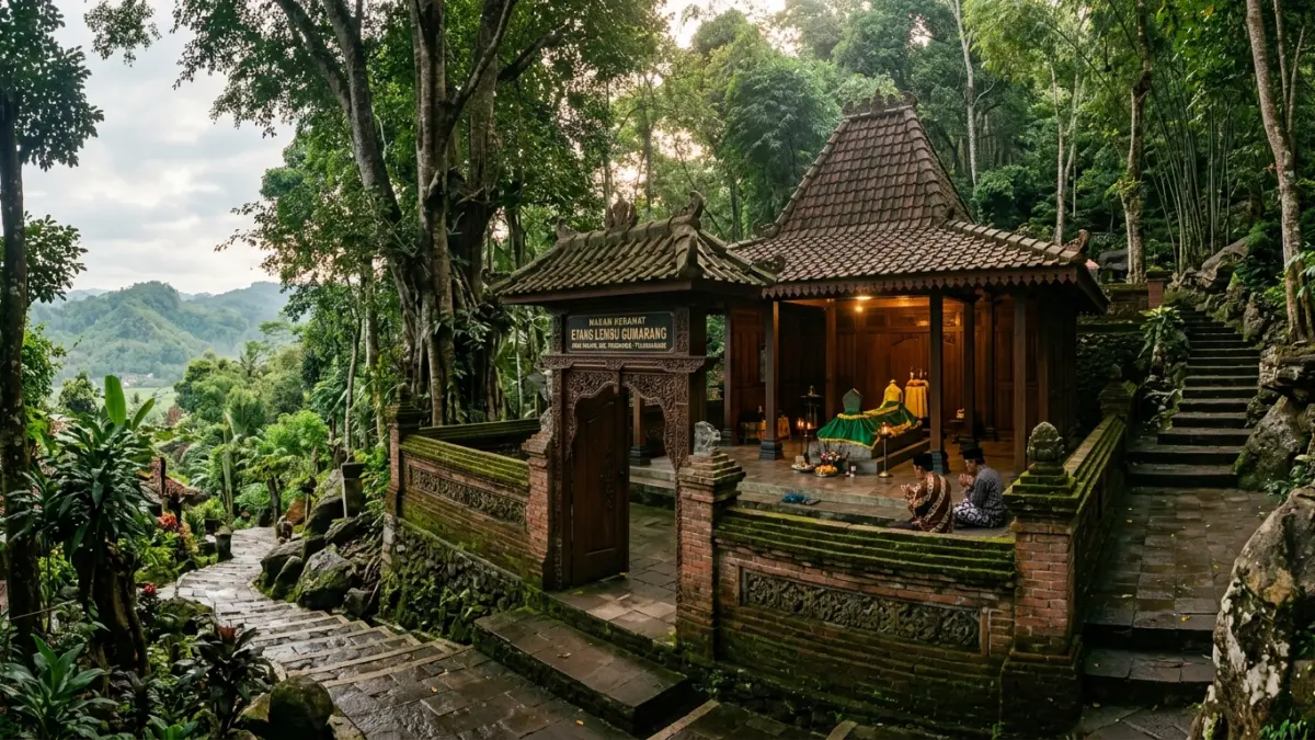 Makam Eyang Lembu Gumarang di Tulungagung menyimpan kisah Mataram Islam dan struktur batu kuno di Bukit Walikukun.(ILUSTRASI AI)