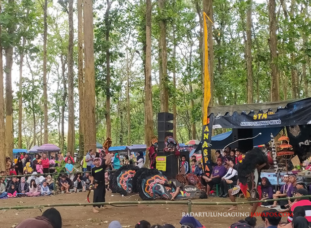 TARIK PENGUNJUNG: Pentas jaranan yang digelar setiap bulan bertujuan untuk menarik kembali kunjungan wisatawan ke Jati Park. (Jati Park untuk Radar Blitar)