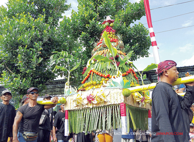 LESTARIKAN BUDAYA: Tumpeng berisi hasil bumi yang dikirab menjadi rebutan masyarakat, kemarin (7/6). (MILA INKA DEWI/RADAR BLITAR)