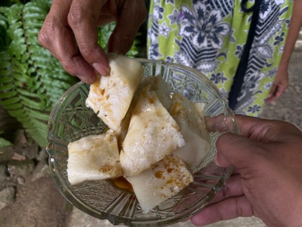 LEZAT: Semangkok apem domba yang dibuat warga Desa Ngadirenggo, Kecamatan Pogalan, Trenggalek untuk bersih desa.(foto: DR Perdana)