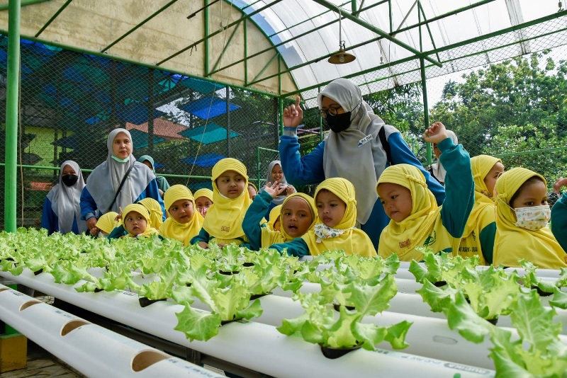 MINI AGROWISATA: Sejumlah anak menikmati wisata dan belajar di mini Agrowisata Jambangan yang dikembangkan Dinas Ketahanan Pangan dan Pertanian (DKPP) Kota Surabaya.( SURYANTO/RADAR SURABAYA)