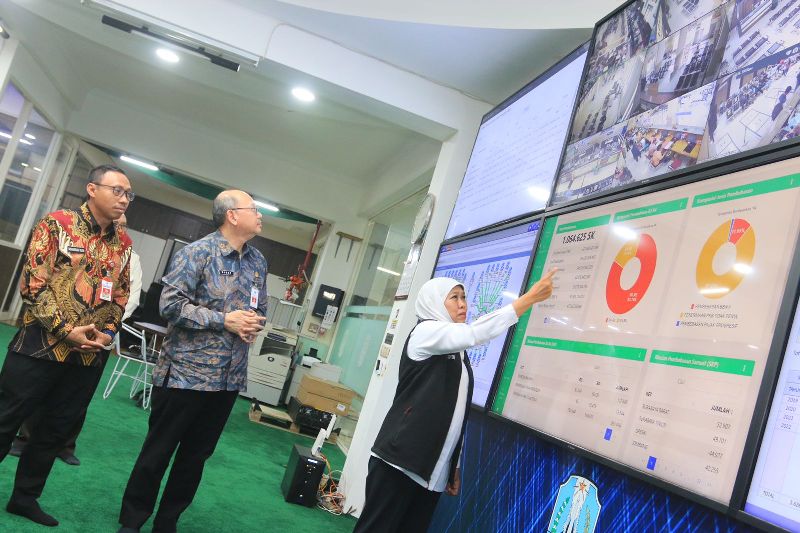 DILANJUTKAN: Gubernur Jawa Timur Khofifah Indar Parawansa saat meninjau Kantor Bapenda Jatim di kawasan Manyar Kertoarjo Surabaya, Kamis (13/7). (SURYANTO/RADAR SURABAYA)