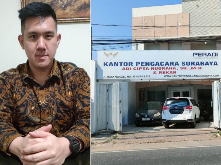 ADVOKAT MUDA: Adi Cipta Nugraha, SH, MH, CLA dan kantor pengacara yang didirikannya di Jalan Raya Ngagel No. 59 Surabaya. (ISTIMEWA)