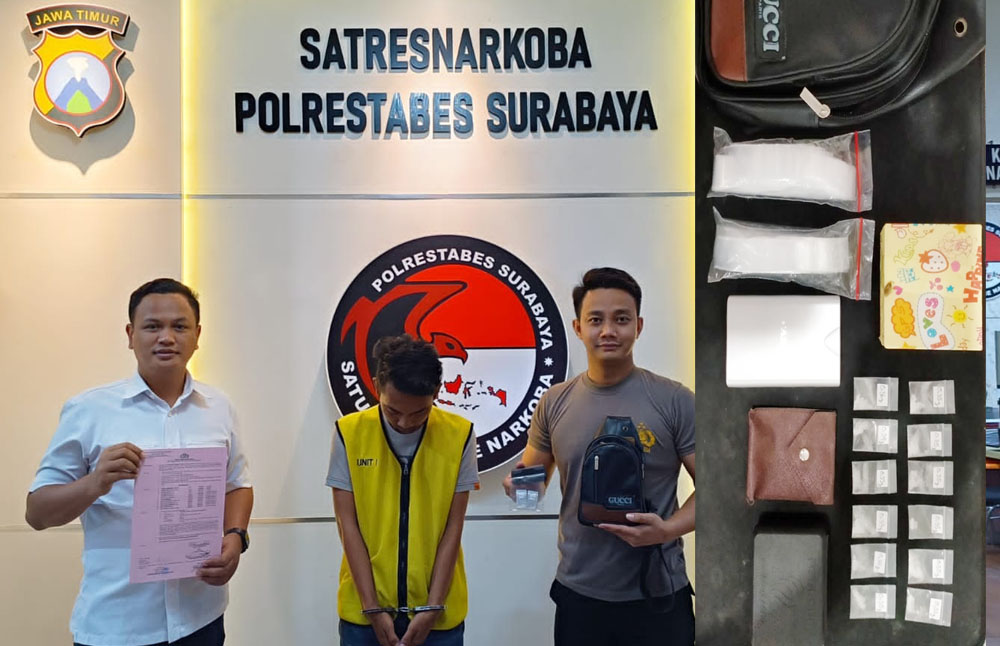 KEPEGANG: Tersangka SYA diamankan bersama barang bukti di Polrestabes Surabaya. (ISTIMEWA)