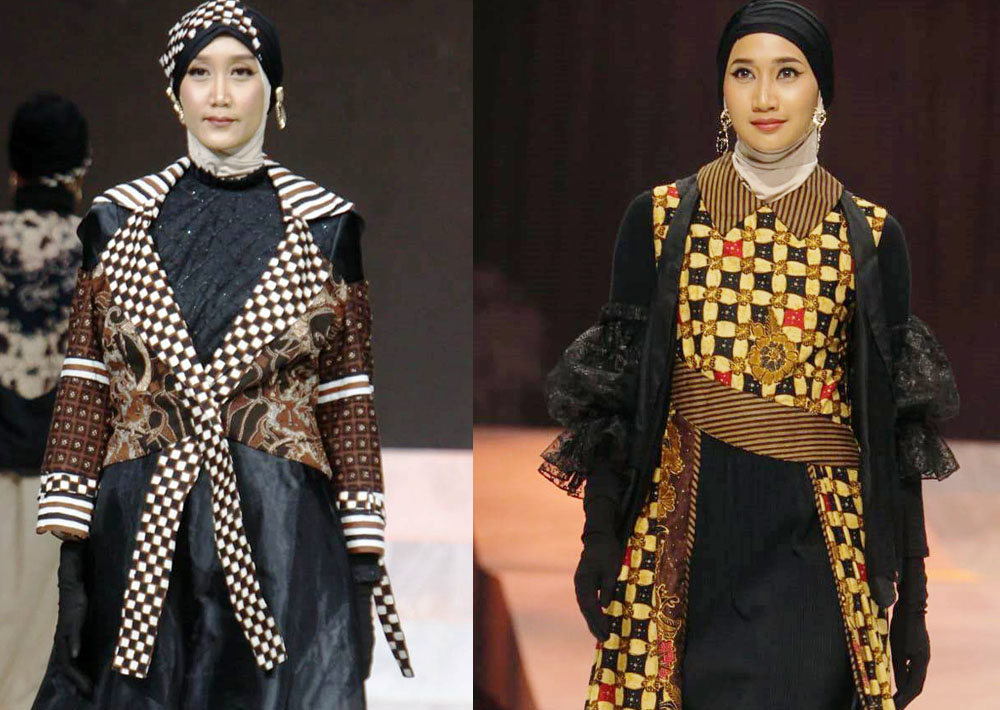 Dua orang model menampilkan adibusana karya Arinda Nurma. (ANDY SATRA/RADAR SURABAYA)