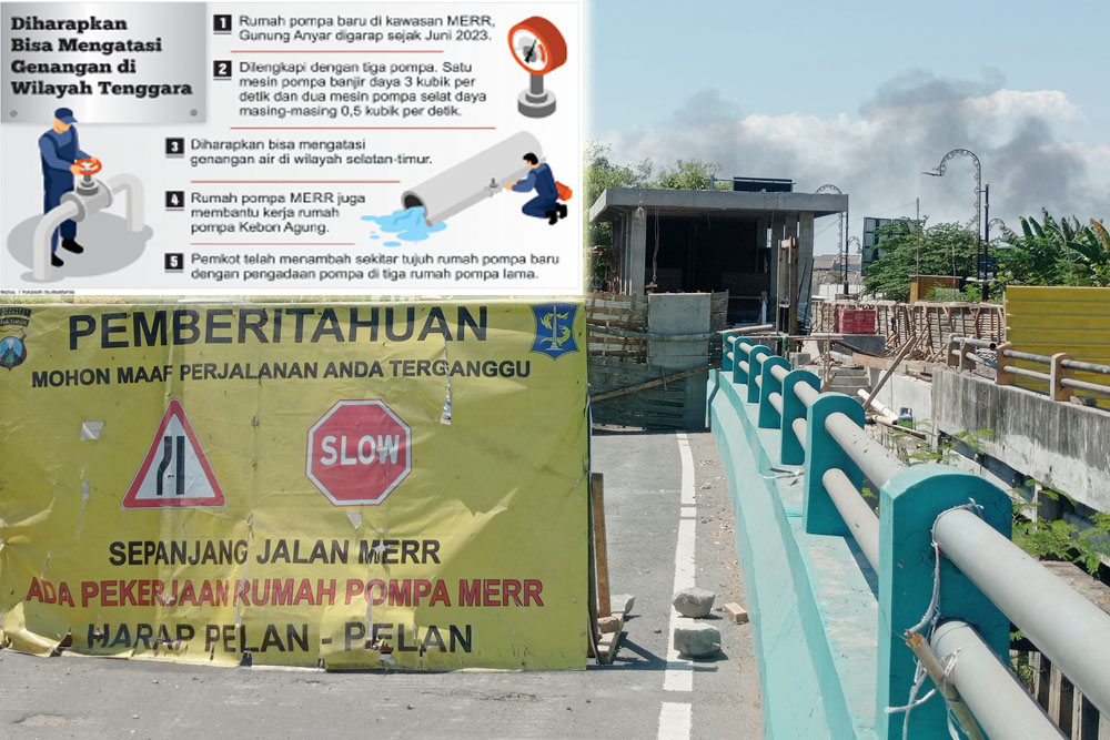 STRATEGIS: Pengendara melintas tak jauh dari proyek pembangunan rumah pompa di kawasan MERR, Gunung Anyar, Surabaya. (SURYANTO/RADAR SURABAYA)